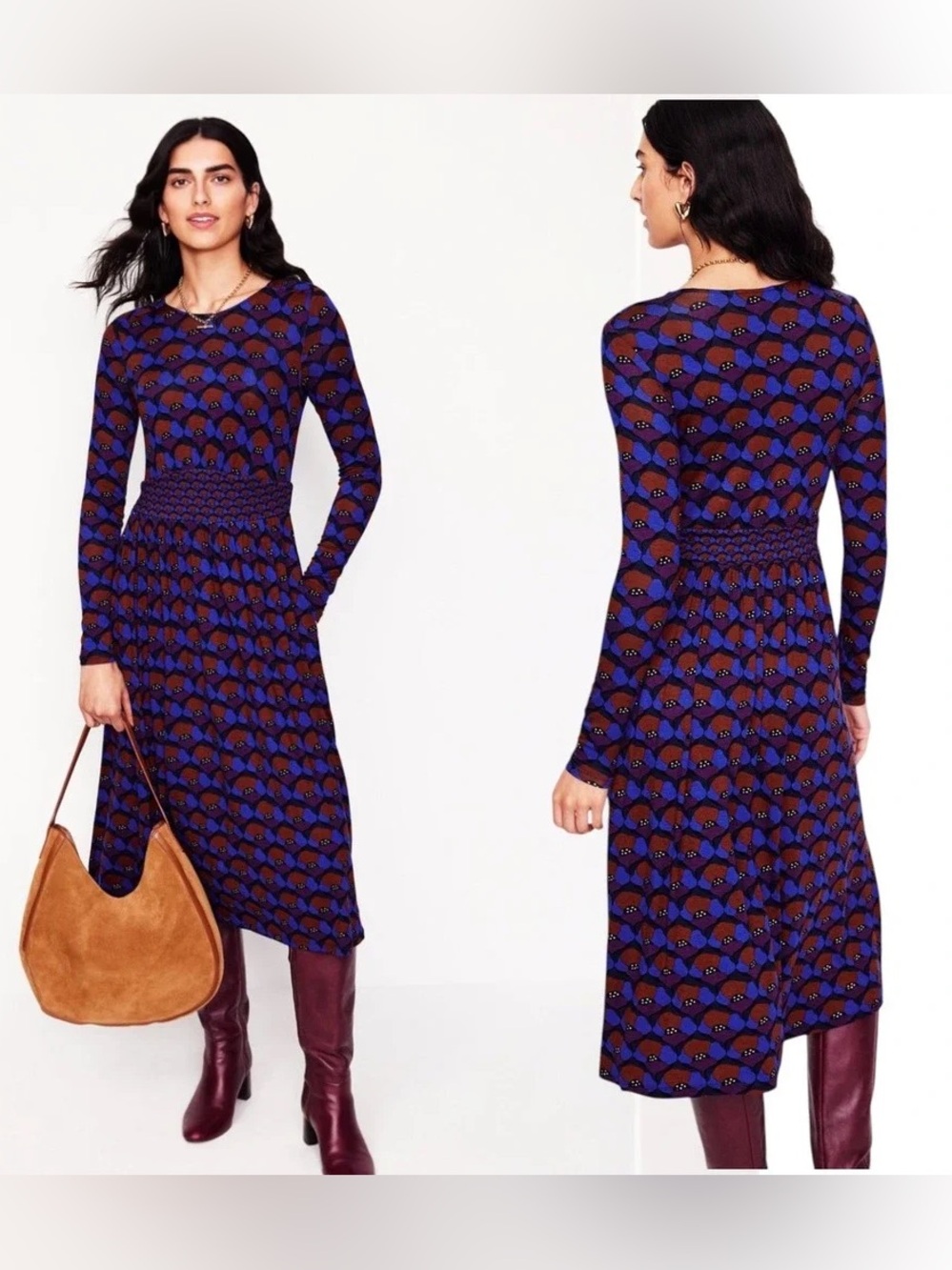 Boden Thea Jersey Dress Smocked Midi Poppy Print Purple Size 14
